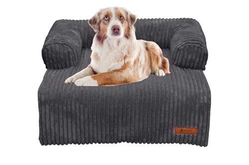 Belune Hundecouch Deluxe - waschbar [Dunkelgrau, L - 120cm x 95cm] Hundebett Plüsch, Hundecouch, Sofaschutz kleine & Mittelgroße Hunde von Belune