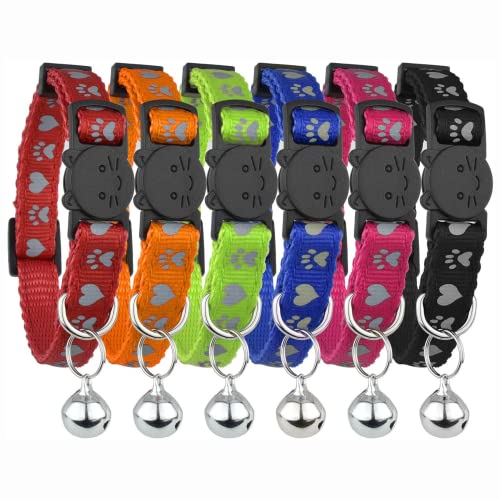 Reflektierendes Katzenhalsband mit Glöckchen, 6 Stück, solide und sichere Halsbänder für Katzen, Nylon, gemischte Farben, Haustier-Halsband, Breakaway-Katzenhalsband, (6er-Pack) von Bemix Pets