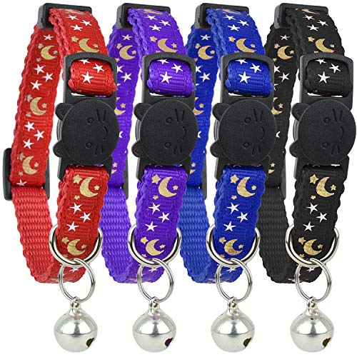 Verbesserte Version – Katzenhalsband, Sterne und Mond, 4 Stück, reflektierend mit Glocke, solide und sichere Halsbänder für Katzen, Nylon, Kitty Halsbänder, Haustierhalsband, Breakaway Katzenhalsband, von Bemix Pets