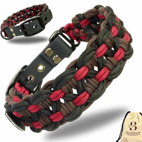 Ben&Bruno Hundehalsband | Breit & Verstellbar | 100% Handgefertigt | Robust, Sicher & Langlebig | Starkes Paracord Halsband | Halsbänder für Kleine, Mittelgroße & Große Hunde | Rot - L von Ben&Bruno