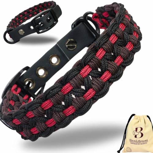 Ben&Bruno Hundehalsband | Breit & Verstellbar | 100% Handgefertigt | Robust, Sicher & Langlebig | Starkes Paracord Halsband | Halsbänder für Kleine, Mittelgroße & Große Hunde | Rot - S von Ben&Bruno