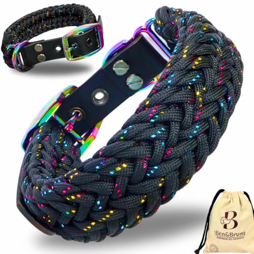 Ben&Bruno Hundehalsband | Breit & Verstellbar | 100% Handgefertigt | Robust, Sicher & Langlebig | Starkes Paracord Halsband | Halsbänder für Kleine, Mittelgroße & Große Hunde | Schwarz - L von Ben&Bruno