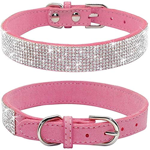 Benala Hundehalsband, voll glänzend, mit Strasssteinen besetzt, Samt, verstellbar, Kristall-Strass, Rosa, Größe M: (Halsumfang 33 - 38 cm) von Benala