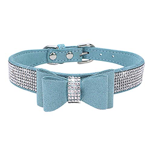 Benala Hundehalsband mit Schleife, verstellbar, glitzernd, Samt, für Welpen, klein, mittelgroß, groß, Blau, Größe S (Halsumfang 26,9–33 cm) von Benala