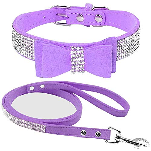 Benala Verstellbares Strass-Katzenhalsband-Set, weiches Samt, sicheres Halsband, Leine, Set mit glitzernden Diamant-Schleife, Party, Hochzeit, Violett, Größe S: (Halsumfang 26,9–33 cm) von Benala