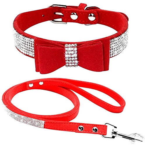 Benala Verstellbares Strass-Katzenhalsband-Set, weiches Samt, sicheres Halsband, Leine, Set mit glitzernden Diamant-Schleife, Show, Party, Hochzeit, Rot, Größe M: (Halsumfang 33–38,1 cm) von Benala