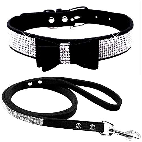 Benala Verstellbares Strass-Katzenhalsband-Set, weiches Samt, sicheres Halsband, Leine, Set mit glitzernden Diamant-Schleife, Show, Party, Hochzeit, Schwarz, XXS: (Halsumfang 15,2–20,3 cm) von Benala