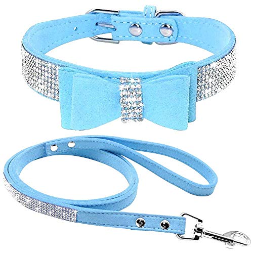 Benala Verstellbares Strass-Katzenhalsband-Set, weiches Samt, sicheres Halsband, Leinen-Set mit glitzernden Diamant-Schleife, Party, Hochzeit, Blau, XXS: (Halsumfang 15,2–20,3 cm) von Benala