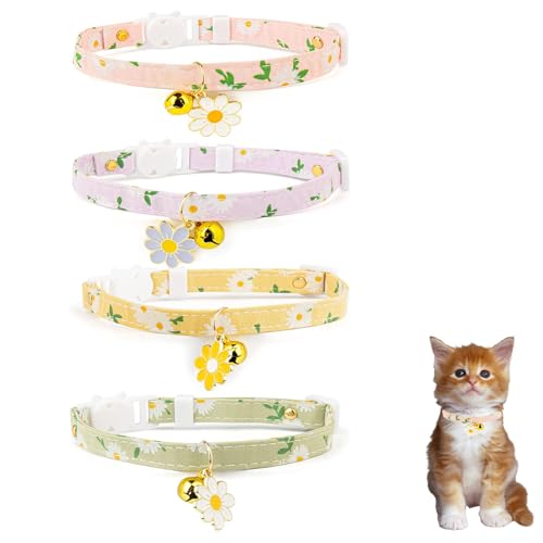 Katzenhalsband aus Baumwolle mit Glöckchen, verstellbar, mit Blumenanhänger, ideal für Mädchen, Katzen, Jungen, Katzen, 4 Stück von Bencacawinstyle