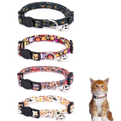 Katzenhalsband aus Baumwolle mit Glöckchen, verstellbar, mit Blumenmuster, ideal für Mädchen, Katzen, Jungen, Katzen, 4 Stück von Bencacawinstyle