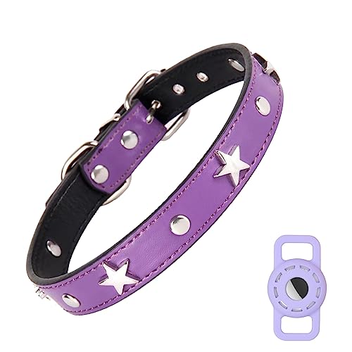 Lederhalsband mit AirTag-Halterung für Katzen und kleine Hunde, modisch gepolstertes Hundehalsband mit verstellbarer Schnalle für kleine Hunde und Welpen (S, Lila) von Bencacawinstyle