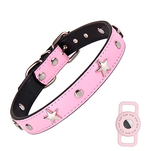 Lederhalsband mit AirTag Halterung für Katze und kleine Hunde, modisch gepolstertes Hundehalsband mit verstellbarer Schnalle für kleine Hunde und Welpen (S, Rosa) von Bencacawinstyle