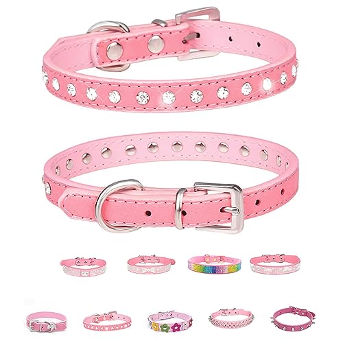 Pink Series Hundehalsband, Leder, verstellbar, mit glitzernden Strasssteinen, Diamanten, Nieten, bunte Blumen, für XS, kleine und mittelgroße Hunde, Katzen, Welpen, Kätzchen, Haustiere von Bencacawinstyle