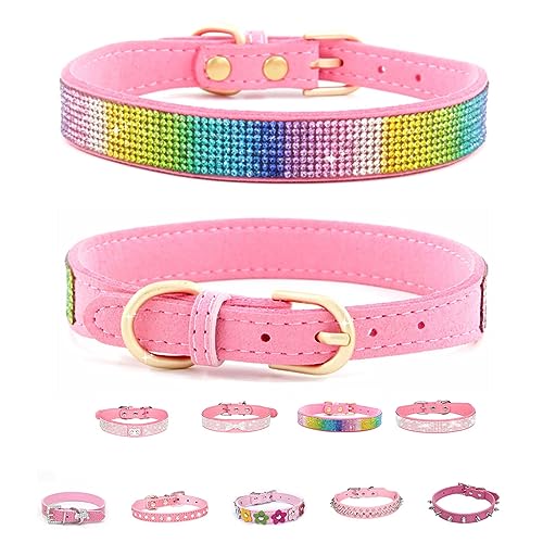 Pink Series Hundehalsband, Leder, verstellbar, mit glitzernden Strasssteinen, Diamanten, Nieten, bunte Blumen, für XS, kleine und mittelgroße Hunde, Katzen, Welpen, Kätzchen, Haustiere von Bencacawinstyle