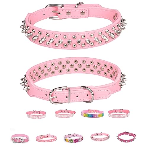 Pink Series Hundehalsband, Leder, verstellbar, mit glitzernden Strasssteinen, Diamanten, Nieten, bunte Blumen, für XS, kleine und mittelgroße Hunde, Katzen, Welpen, Kätzchen, Haustiere von Bencacawinstyle