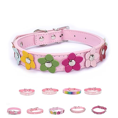 Pink Series Hundehalsband, Leder, verstellbar, mit glitzernden Strasssteinen, Diamanten, Nieten, bunte Blumen, für XS, kleine und mittelgroße Hunde, Katzen, Welpen, Kätzchen, Haustiere von Bencacawinstyle