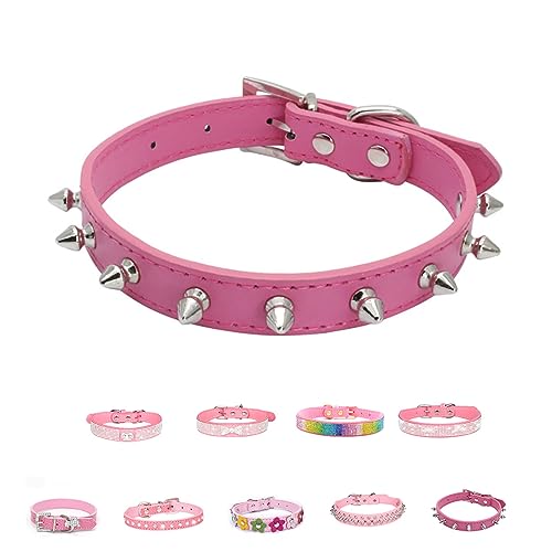 Pink Series Hundehalsband, Leder, verstellbar, mit glitzernden Strasssteinen, Diamanten, Nieten, bunte Blumen, für XS, kleine und mittelgroße Hunde, Katzen, Welpen, Kätzchen, Haustiere von Bencacawinstyle