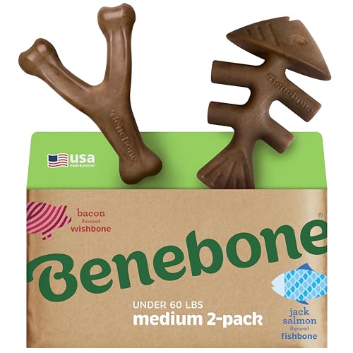 Benebone 2-Pack Indestructible Fishbone/Wishbone Dog Chew Toys, Long Lasting Tough Boredom Breaker for Dogs, Real Salmon and Real Bacon Flavour, for Medium Dogs, Made in USA von Benebone