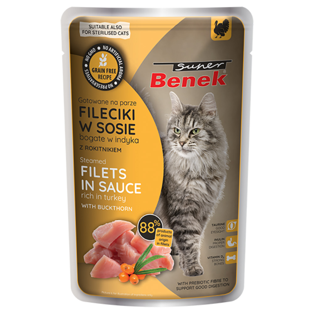 Sparpaket Super Benek Getreidefrei Gedämpfte Filets 56 x 85 g - Truthahn mit Sanddorn in Sauce von Benek