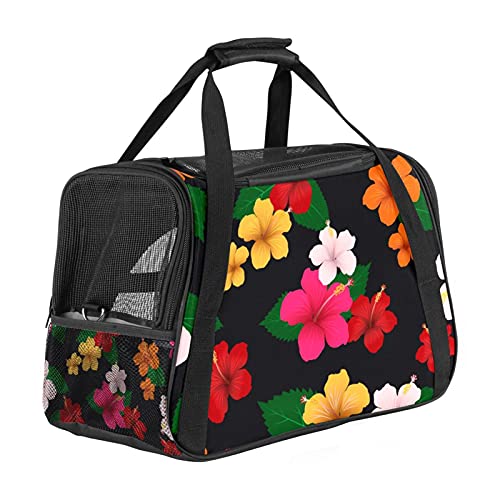 Haustier-Reisetasche, 43,2 x 25,4 x 20,4 cm, Sicherheits-Reise-Tragetasche, weiche Seiten, Netz-Tragetaschen für Welpen, Katzen, Hibiskusblüten und Blätter von Bennigiry