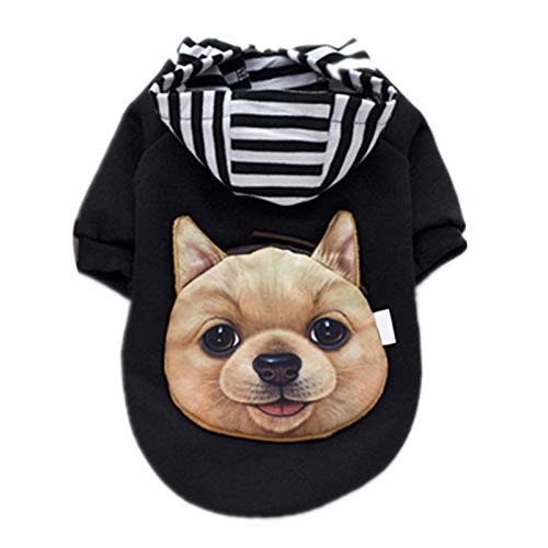 Haustier-Hunde-Kleidung, Weste, Wintermantel, Hundepullover, weich, warm, mit Cartoon-bedruckten Taschen, gestreifter Kapuzenmantel, Hundekleidung – Schwarz, Größe XXL von Benoon