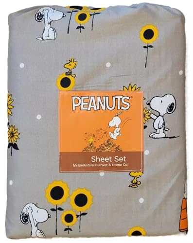 Berkshire Blanket & Home Co Peanuts & Friends Bettlaken-Set (Grau – Sonnenblumen und Hundehütten, Doppelbett) von Berkshire Blanket & Home Co