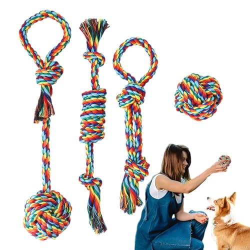 Besreey Hundespielzeug – Kauseil – Set mit 4 bunten Baumwollseilen, Zerrspielzeug für Hunde, unzerstörbarer Knoten, Hundespielzeug, Seilspielzeug für aggressive Kauer von Besreey