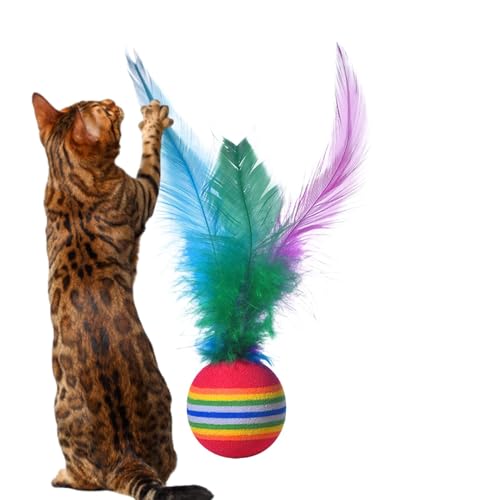 Besreey Interaktives Katzenballspielzeug, Katzenfederkugelspielzeug - Feder Elastic Ball Cat Toys | Regenbogen elastische Sphäre für die Reinigung von Welpenzähne von Besreey