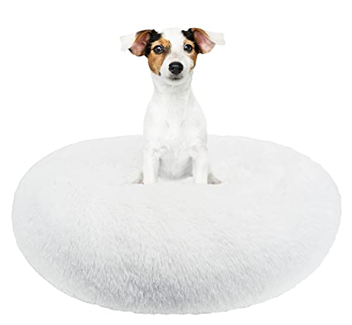 Bessie and Barnie Snuggle Hundebett – extra Plüschstoff für Hunde – wendbares rundes Hundebett – maschinenwaschbar, Donut-Hundebett – beruhigendes Hundebett, Schneeweiß, Größe M – 76,2 x 76,2 cm von Bessie + Barnie