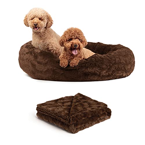 Best Friends by Sheri Calming Lux Donut-Kuschelbett für Katzen und Hunde + Haustier-Überwurfdecke, Größe L, 91,4 x 91,4 cm, dunkle Schokolade von Best Friends by Sheri