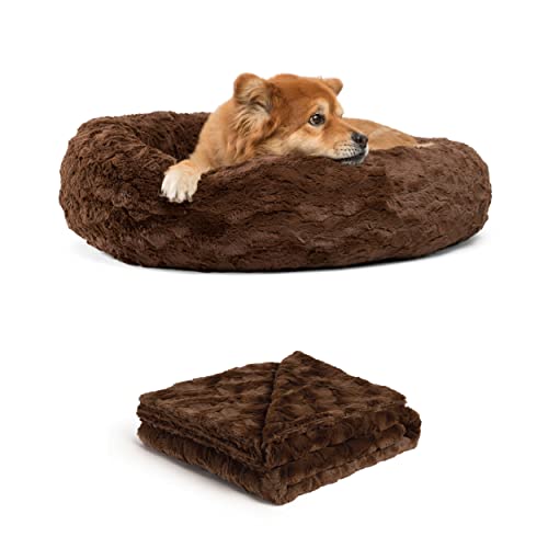 Best Friends by Sheri Calming Lux Donut-Kuschelbett für Katzen und Hunde + Haustierdecke, dunkle Schokolade, Größe M, 76,2 x 76,2 cm von Best Friends by Sheri