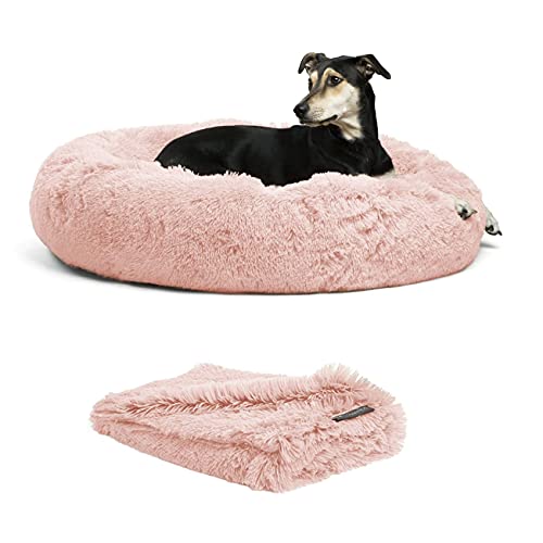 Best Friends by Sheri Set The Original Calming Shag Donut Cuddler Katzen- und Hundebett + Haustier-Überwurfdecke, Baumwolle, Bonbonrosa, Größe L, 91,4 x 91,4 cm von Best Friends by Sheri