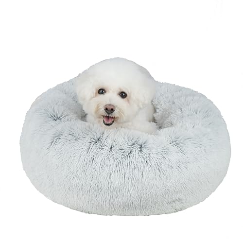 Best Pet Supplies Rundes Donut-Hundebett mit Plüsch-Kunstfellstoff, beruhigendes Anti-Angst-Kissen für Haustiere, rutschfeste Unterseite, weiche, ergonomische Unterstützung, Hellgrau, 50,8 x 50,8 x von Best Pet Supplies