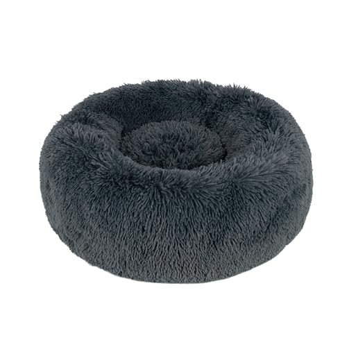 Best Pet Supplies Rundes beruhigendes Hundebett mit Plüsch-Kunstfellstoff, Anti-Angst-Kissen für Haustiere, rutschfeste Unterseite, weiche, ergonomische Unterstützung, Grau, 68 x 68 x 19 cm von Best Pet Supplies