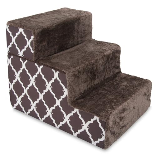 Best Pet Supplies Tragbare Faltbare Schaumstoff-Haustiertreppe für Couch, Sofa und Hochbett, rutschfeste Unterseite, ausgewogener Pfotensicher, brauner Gitterdruck, faltbar, 3-stufig (H:41,9 cm) von Best Pet Supplies