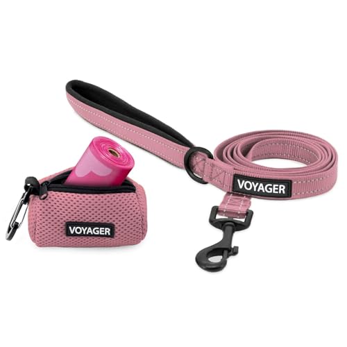 Voyager Reflektierende Hundeleine mit Neoprengriff, 1,5 m und wiederverwendbarem Netzspender, Kotbeutelhalter-Set für Reisen, Spaziergänge, Park und Outdoor, weich und langlebig, mit Clip, Rosa von Best Pet Supplies