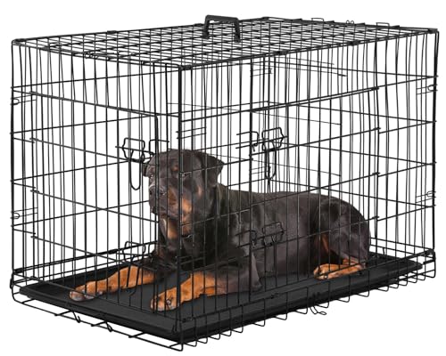 Faltbarer Hundekäfig mit 2 Türen, herausnehmbarem Tablett, 107 x 70 x 76 cm, Transportkäfig für Hunde, Kaninchen, Welpen und Haustiere, aus Metall, Schwarz von BestOffice