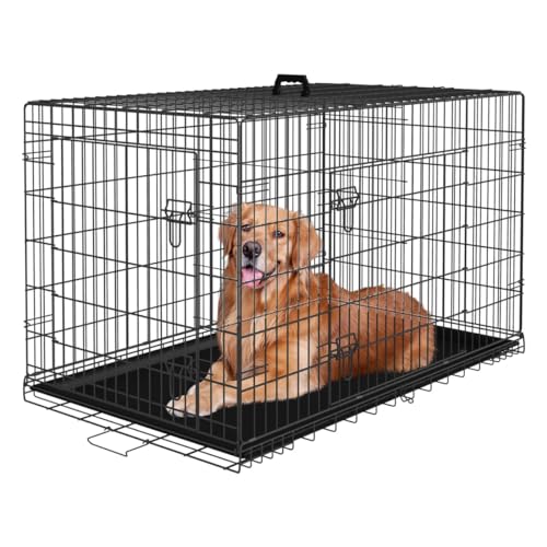 Faltbarer Hundekäfig mit 2 Türen, herausnehmbares Tablett, 122 x 75 x 81 cm, Transportkäfig für Hunde, Kaninchen, Welpen und Haustiere, aus Metall, Schwarz von BestOffice