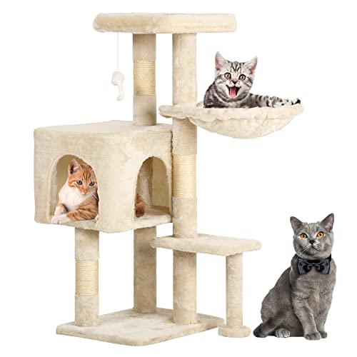 BestPet Kratzbaum, 91,4 cm hoch, Katzenturm für Indoor-Katzen mit Kratzbaum, Katzenhaus-Möbel, Aktivitätszentrum mit Katzenhängematte und lustigem Spielzeug, Beige von BestPet