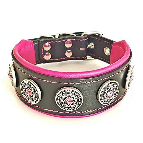 Bestia Pet BC1LPK1 Bijou Lederhalsband, Handarbeit, Top Qualität, 5 cm breit, L, schwarz und pink von Bestia