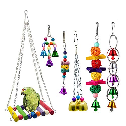 Vogel-Kauspielzeug, 6er Pack Papageienschaukel Spielzeug Massivholz Vogelbeißspielzeug Set Glocke hängende Sitzstange für kleine Papageien, Sittiche, Nymphensittiche, Wellensittiche (6er Set) von Bestine