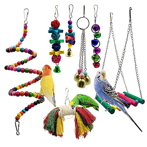 Vogel-Kauspielzeug, 7er Pack Papageienschaukel Spielzeug Massivholz Vogelbeißspielzeug Set Glocke hängende Sitzstange für kleine Papageien, Sittiche, Nymphensittiche, Wellensittiche (7er Set) von Bestine