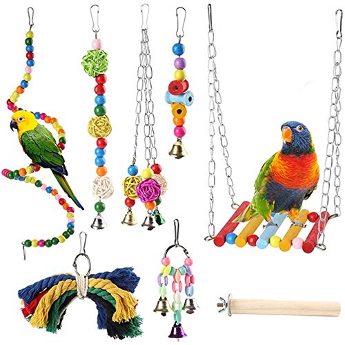 Vogel-Kauspielzeug, 8er Pack Papageienschaukel Spielzeug Massivholz Vogelbissspielzeug Set Glocke hängende Sitzstange für kleine Papageien, Sittiche, Nymphensittiche, Wellensittiche (8er Set) von Bestine