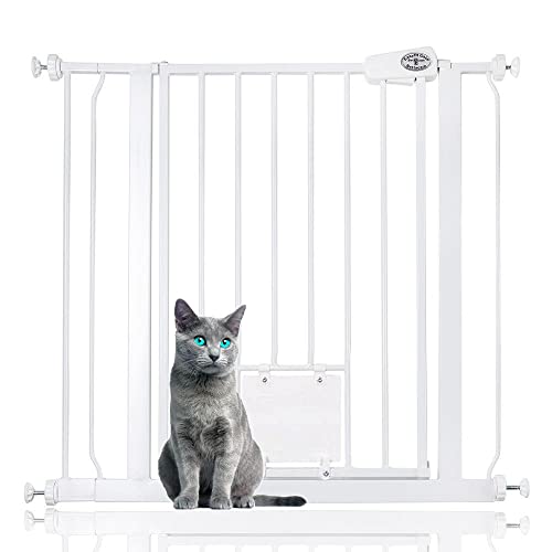 Bettacare Haustiergitter mit abschließbarer Katzenklappe, 81,4 cm – 89 cm, weiß, 75 cm hoch, Hunde-Sicherheitsbarriere mit Katzenklappe, einfache Installation von Bettacare