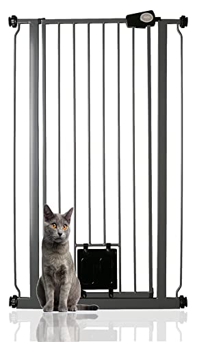 Bettacare Haustiergitter mit verriegelbarer Katzenklappe, 68.5cm - 75cm, Schiefergrau, 104cm in der Höhe, Extra hohes Hundesicherheitsgitter mit Katzenklappe, Einfache Installation von Bettacare