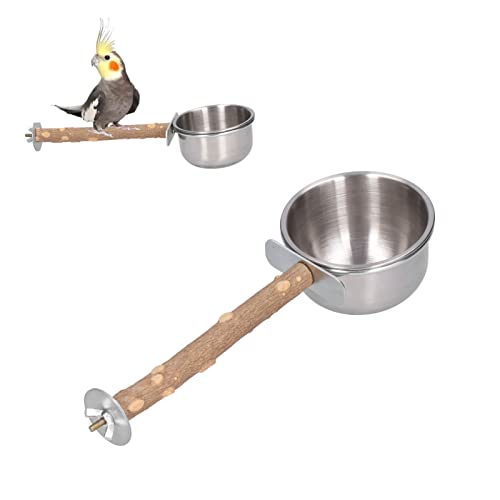 Beufee 2 Stück Vogelfutterbecher, Holz-Vogelstange, Edelstahl, Papageienfutter, Wasserspender mit Klemme und Vogelständer für Nymphensittiche, Sittiche von Beufee