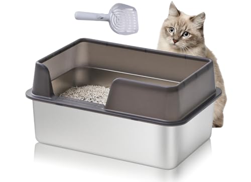 Bewinner Edelstahl Katzentoilette 19.7 x 13.8 x 9.8in - Open Top High Side Large Litter Pan mit Schaufel - Antihaft Glatte Oberfläche Katzentoilette für Katzen und Kaninchen von Bewinner