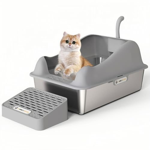 Bewinner Edelstahl Katzentoilette groß mit Pedal & Schaufel - Einzigartiger Design-Sinn, Open Top High Side Antihaft Glatte Oberfläche Katzentoilette für alle Katzen von Bewinner