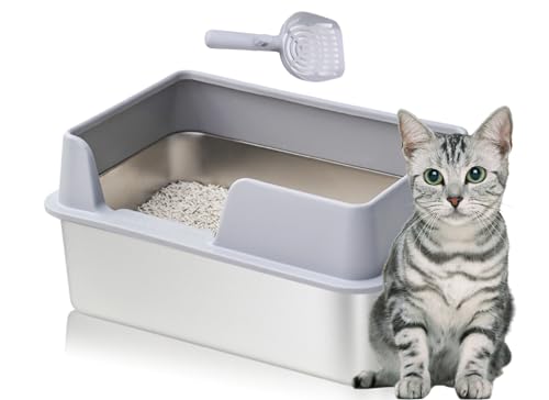 Bewinner Katzentoilette Edelstahl 19,69 x 13,78 x 7,87 Zoll - Open Top High Side Large Litter Pan mit Schaufel - Antihaft Glatte Oberfläche Katzentoilette für Katzen und von Bewinner