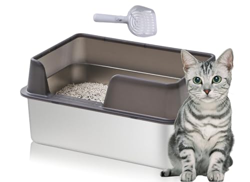 Bewinner Katzentoilette Edelstahl 19,69 x 13,78 x 7,87 Zoll - Open Top High Side Large Litter Pan mit Schaufel - Antihaft Glatte Oberfläche Katzentoilette für Katzen und von Bewinner